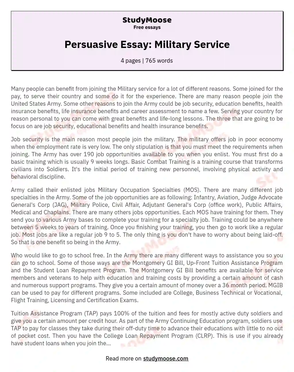 persuasive essay examples army