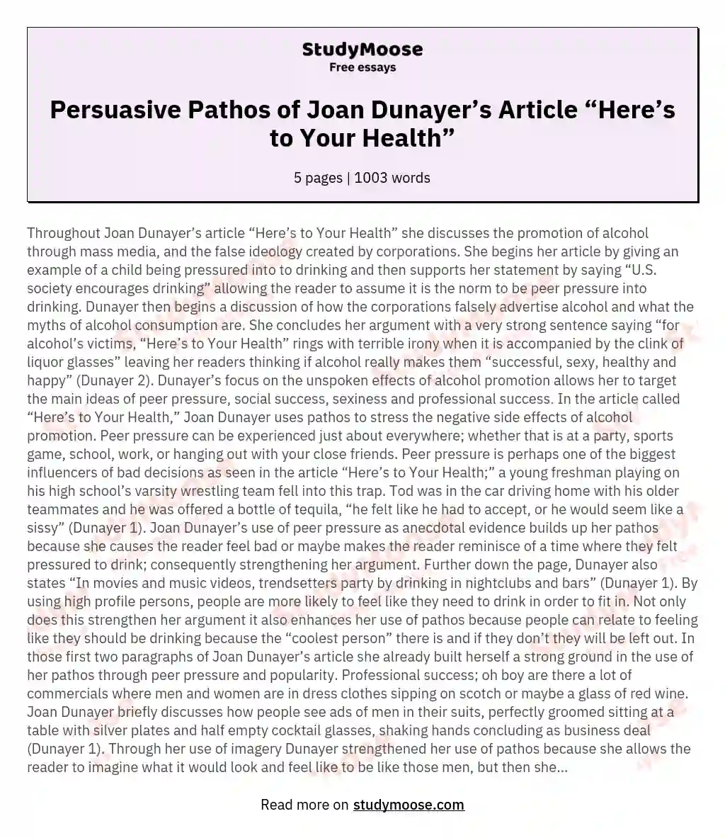 Persuasive Pathos of Joan Dunayer’s Article “Here’s to Your Health”