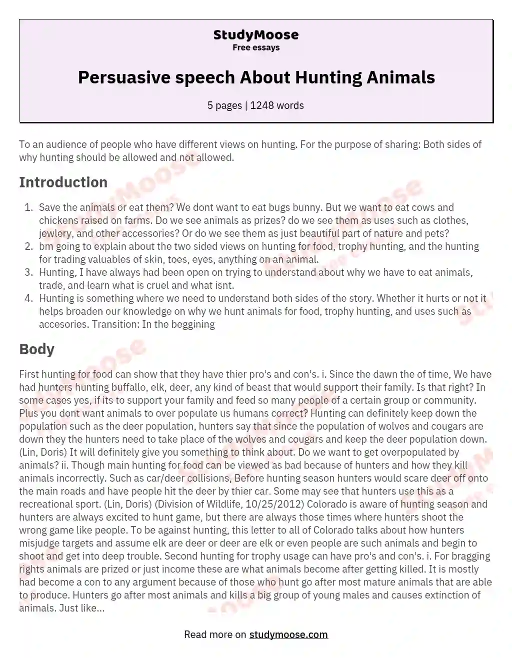Persuasive speech About Hunting Animals Free Essay Example