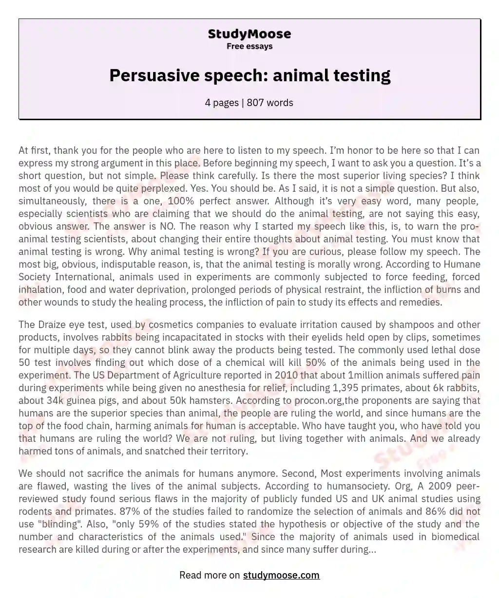 Persuasive speech: animal testing essay
