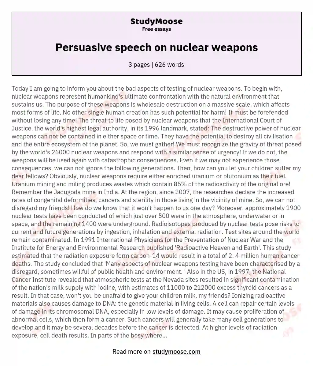 Persuasive speech on nuclear weapons