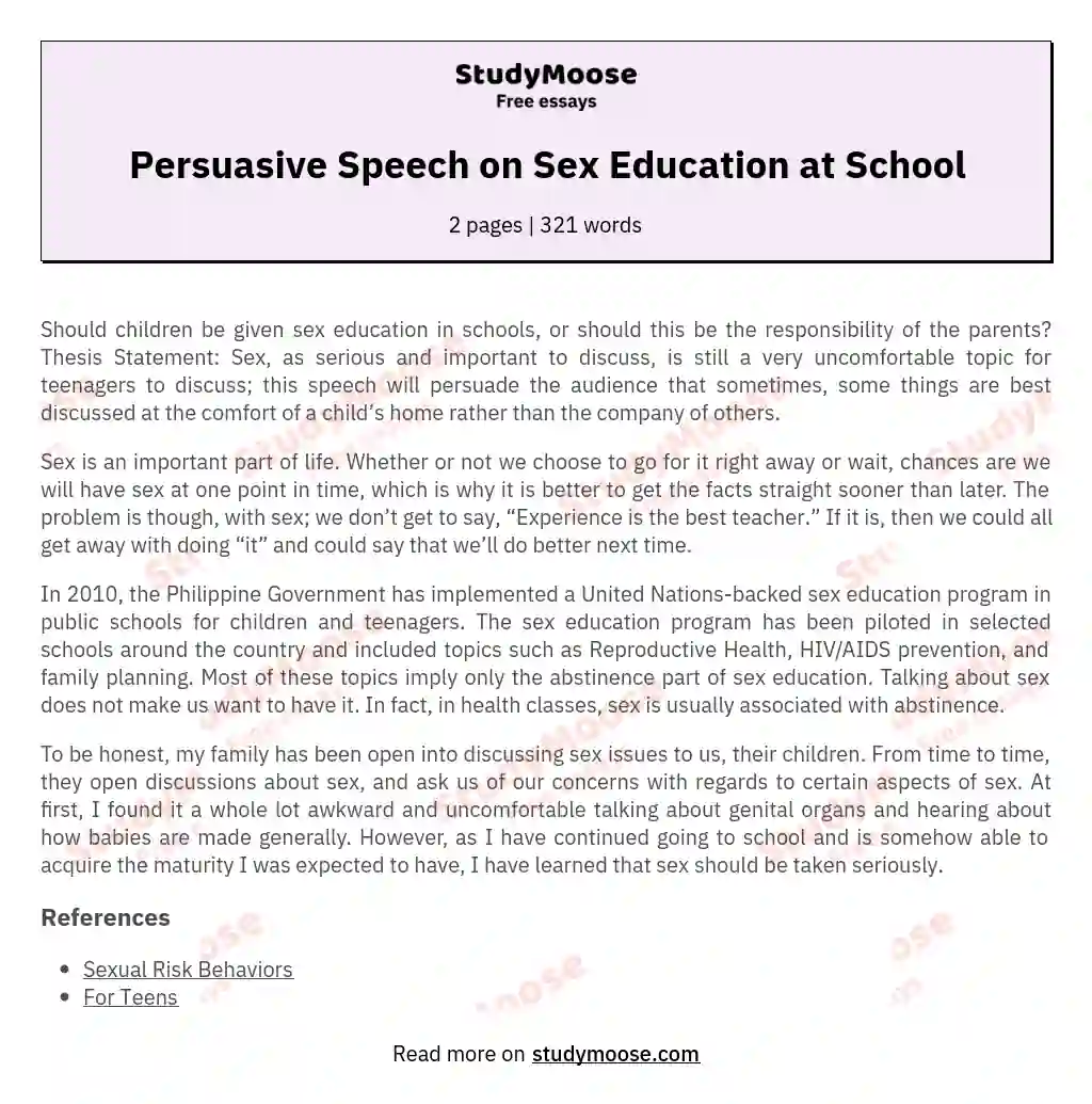 Persuasive Speech on Sex Education at School essay