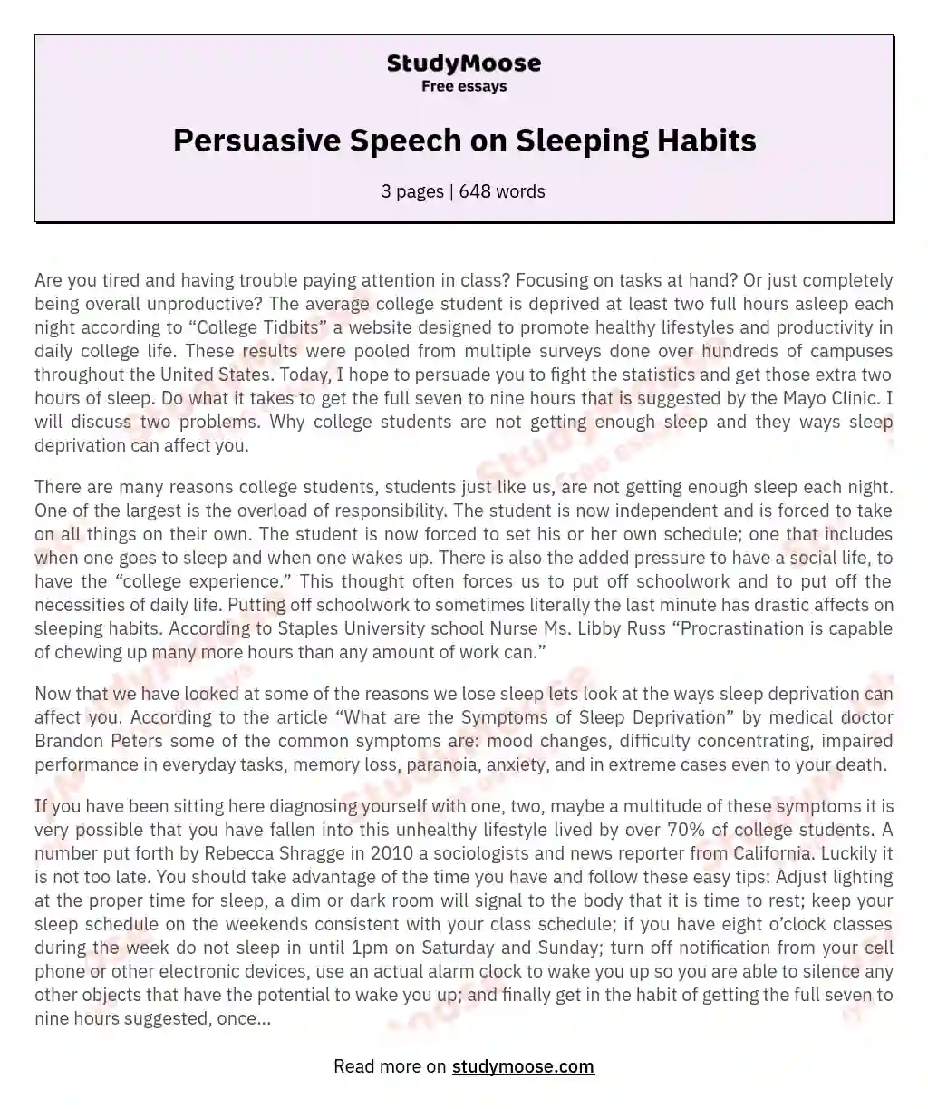 Persuasive Speech on Sleeping Habits