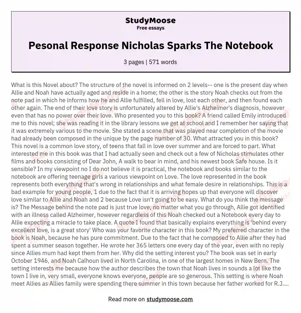 Pesonal Response Nicholas Sparks The Notebook essay
