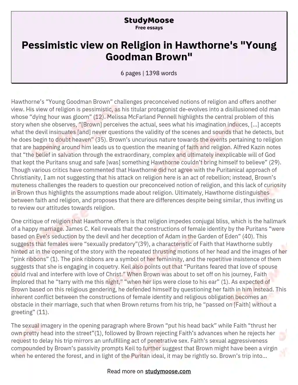 Pessimistic view on Religion in Hawthorne's "Young Goodman Brown" essay