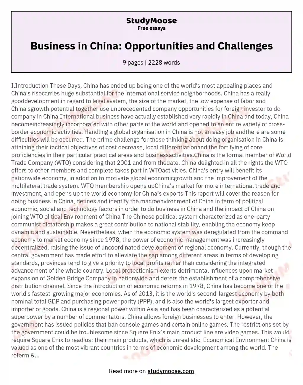 Business in China: Opportunities and Challenges essay