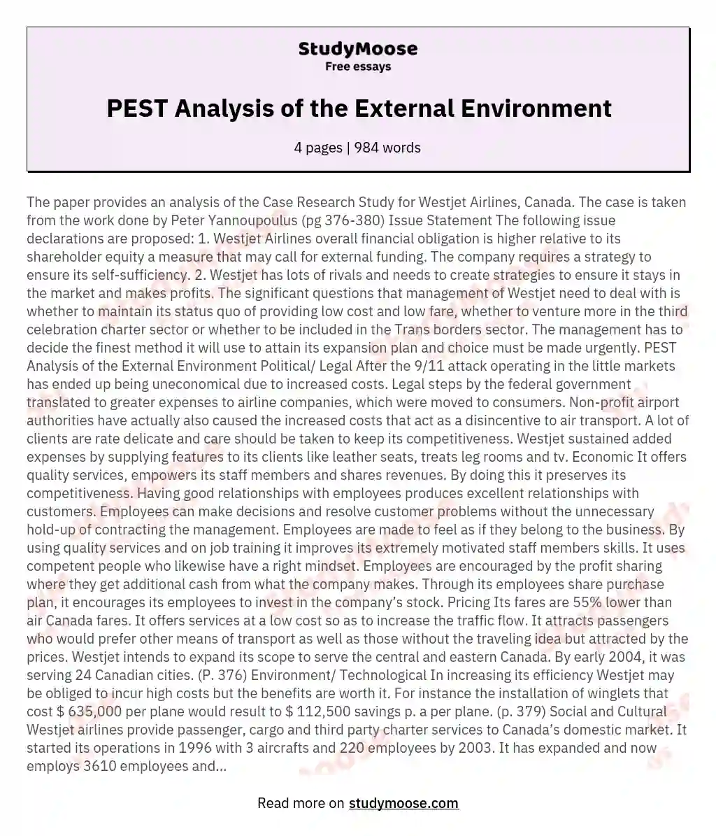 PEST Analysis of the External Environment essay