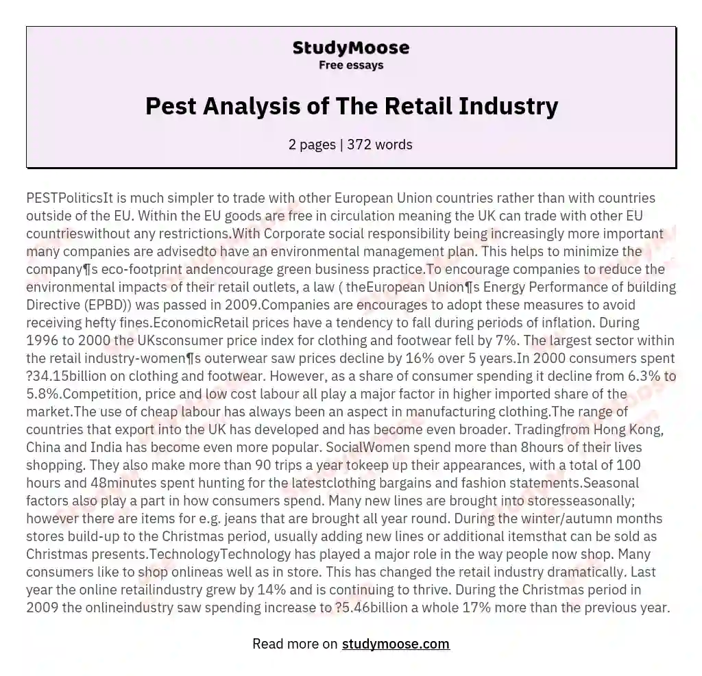 Pest Analysis of The Retail Industry essay