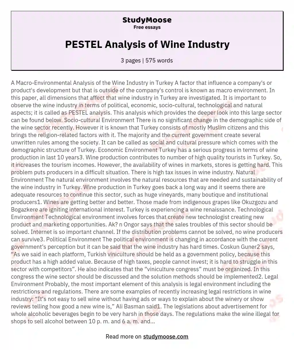 PESTEL Analysis of Wine Industry essay
