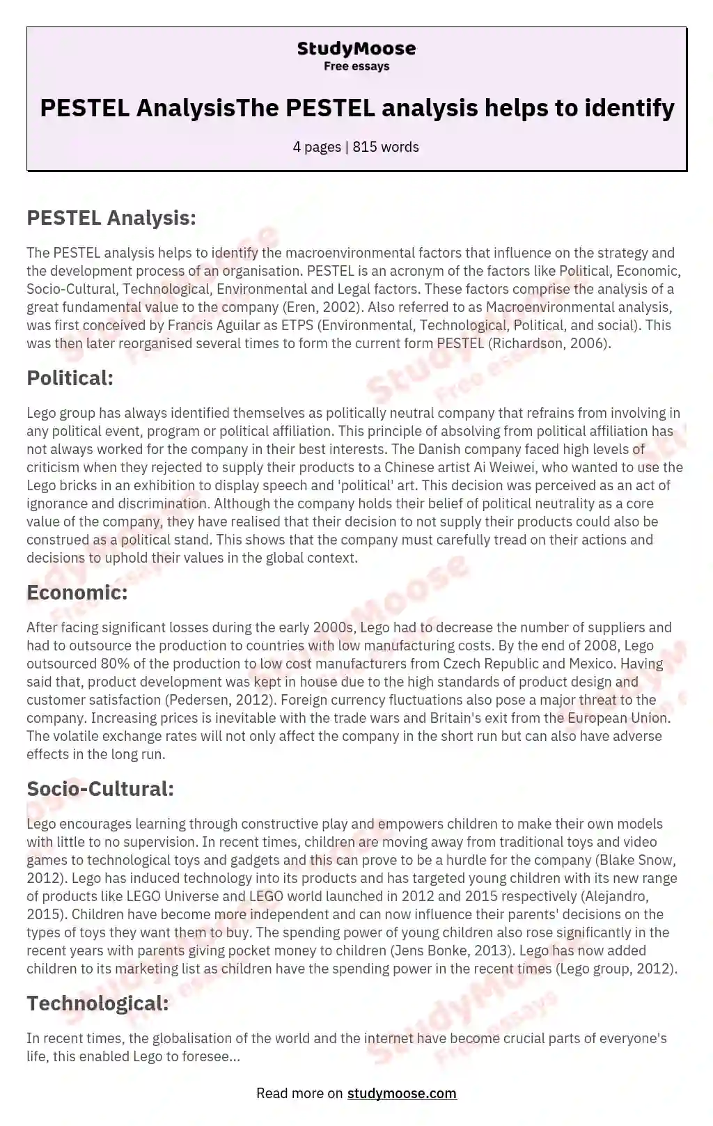 PESTEL AnalysisThe PESTEL analysis helps to identify essay