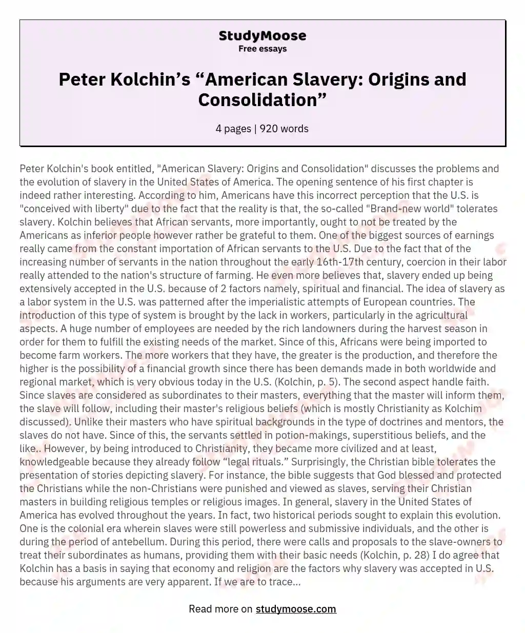 Peter Kolchin’s “American Slavery: Origins and Consolidation” essay