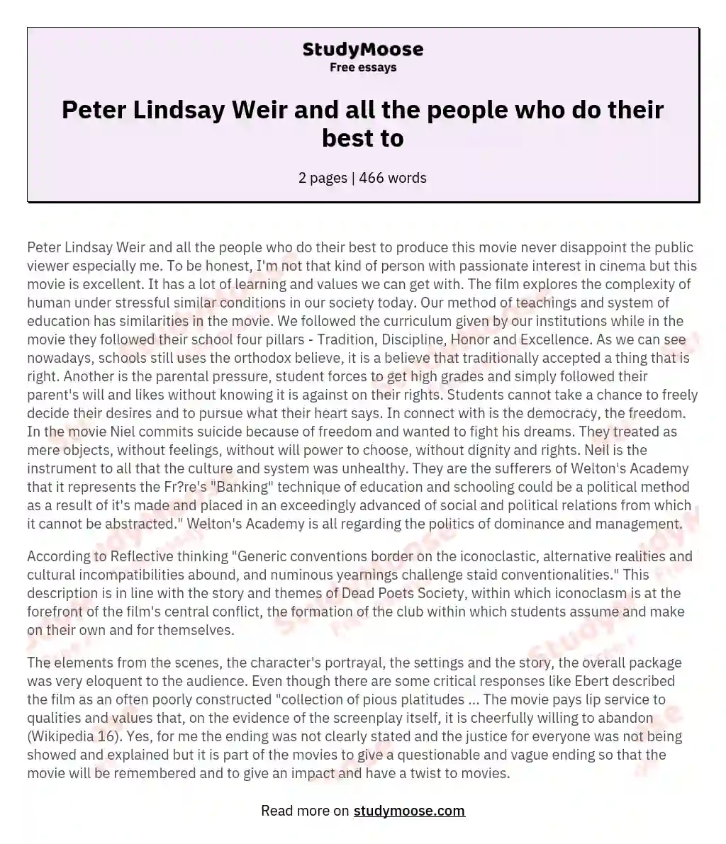 Peter Lindsay Weir and all the people who do their best to essay