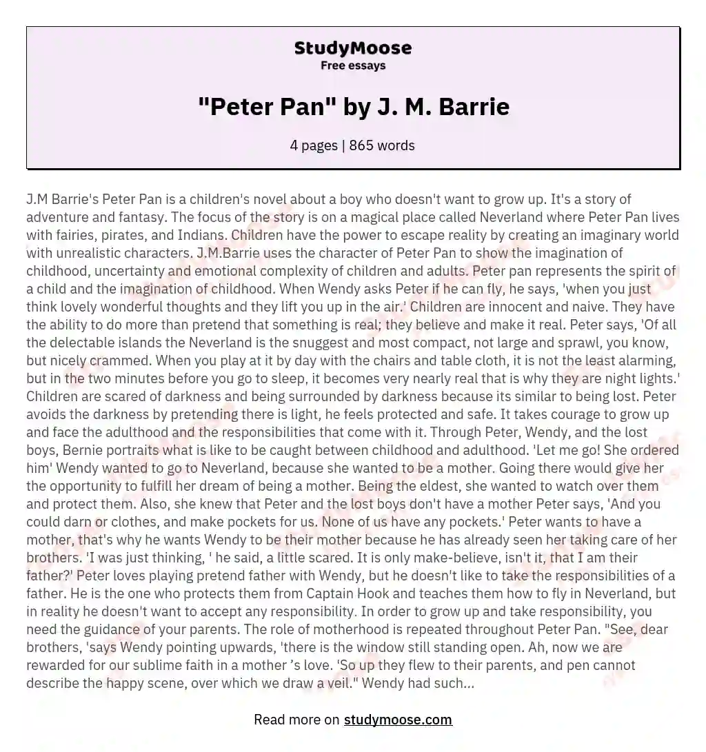 "Peter Pan" by J. M. Barrie essay