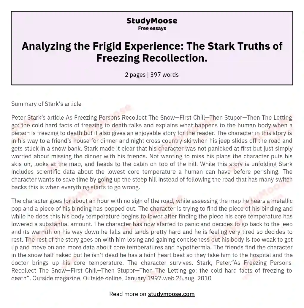Analyzing the Frigid Experience: The Stark Truths of Freezing Recollection. essay