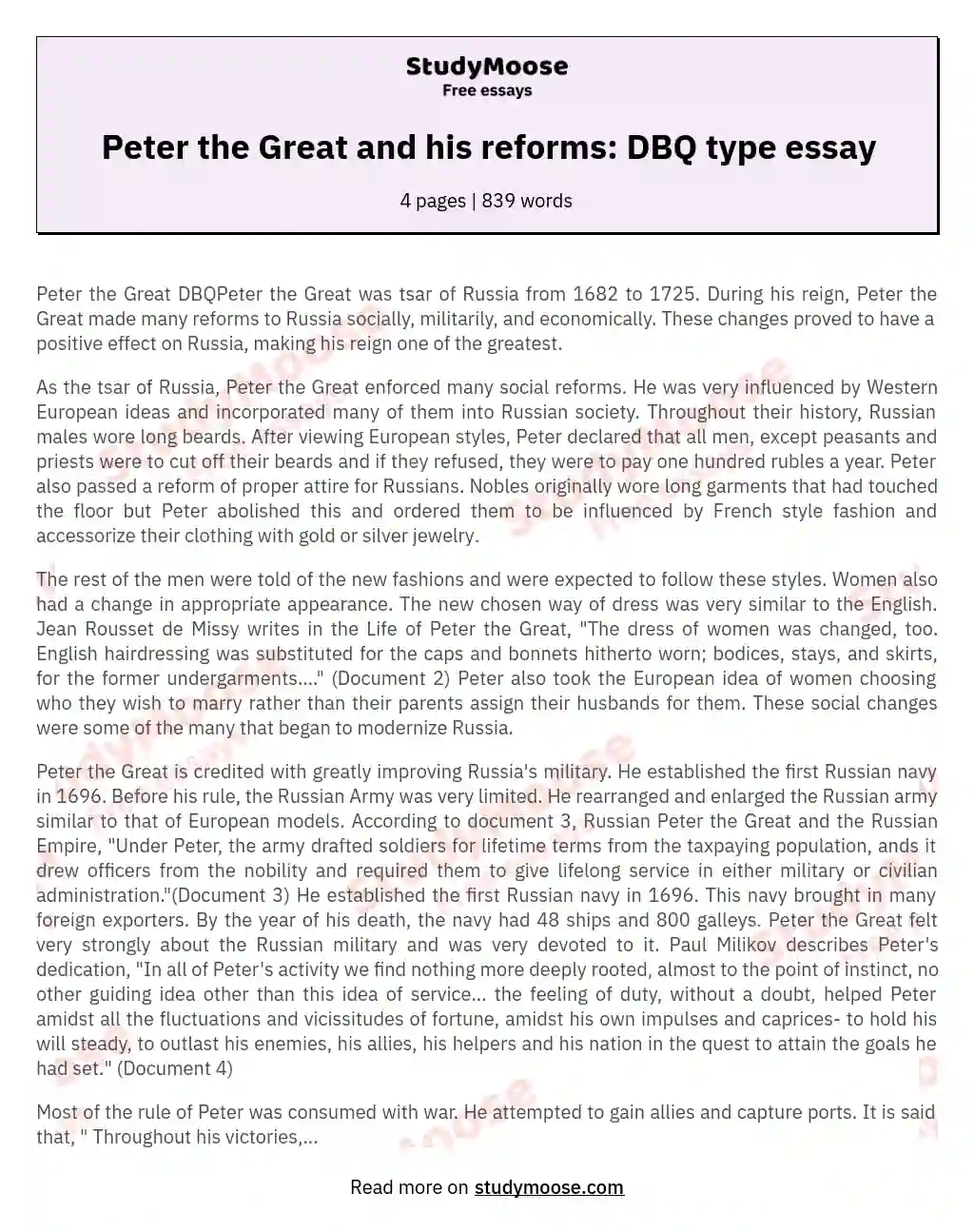 Peter the Great and his reforms: DBQ type essay