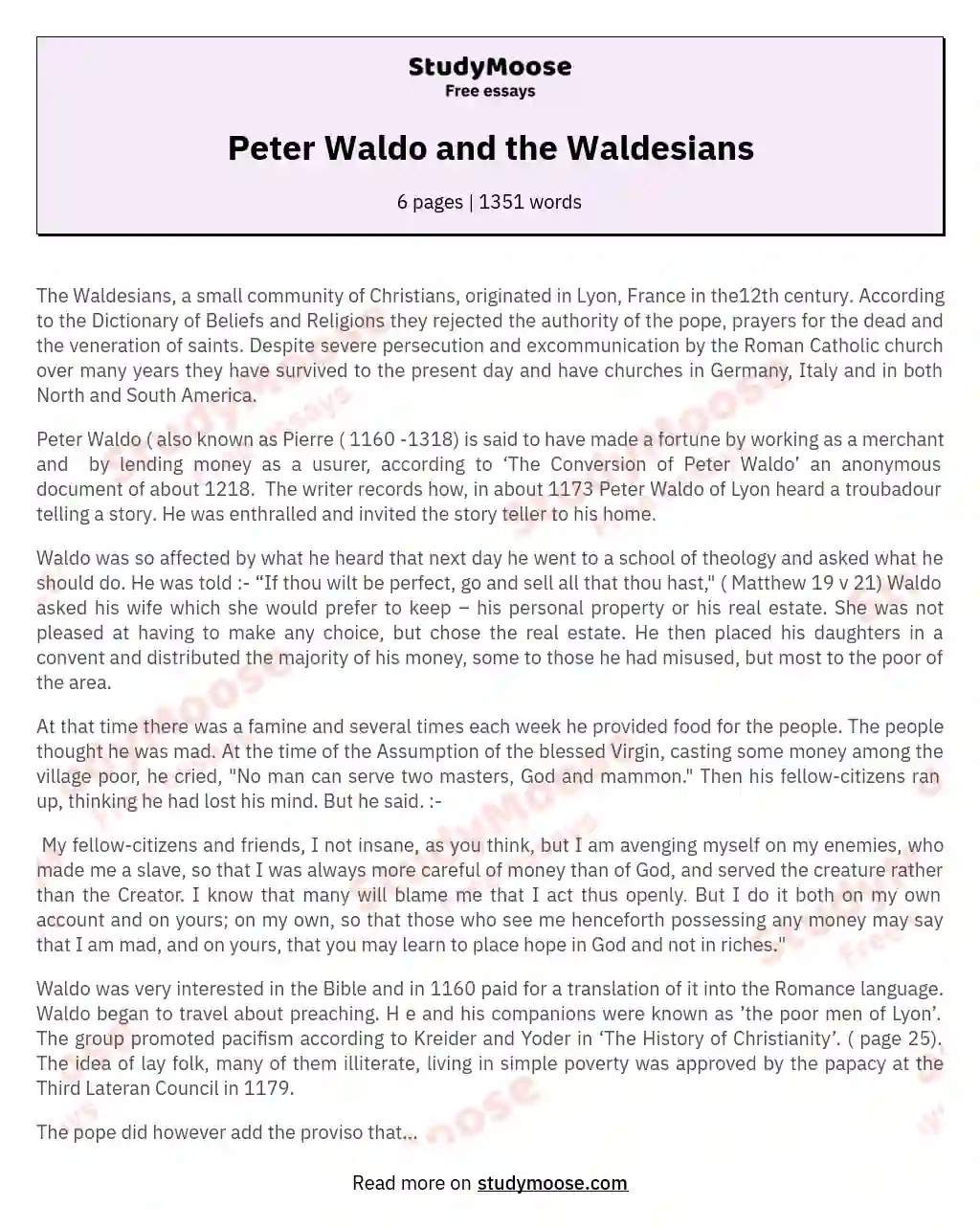 Peter Waldo and the Waldesians essay