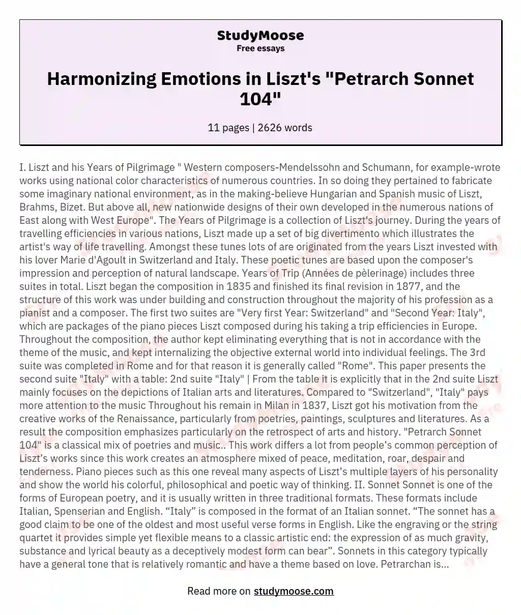 Harmonizing Emotions in Liszt's "Petrarch Sonnet 104" essay