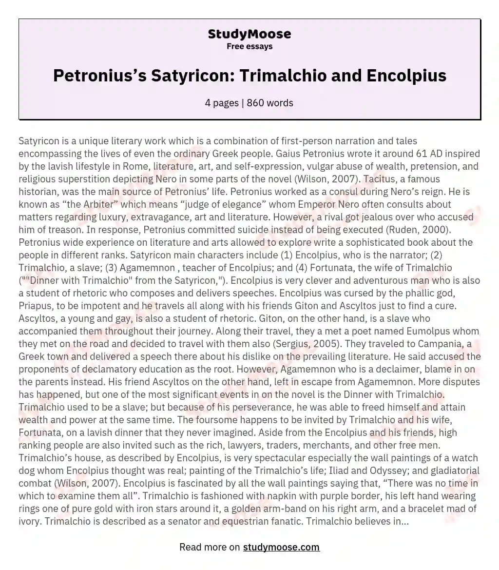 Petronius’s Satyricon: Trimalchio and Encolpius essay