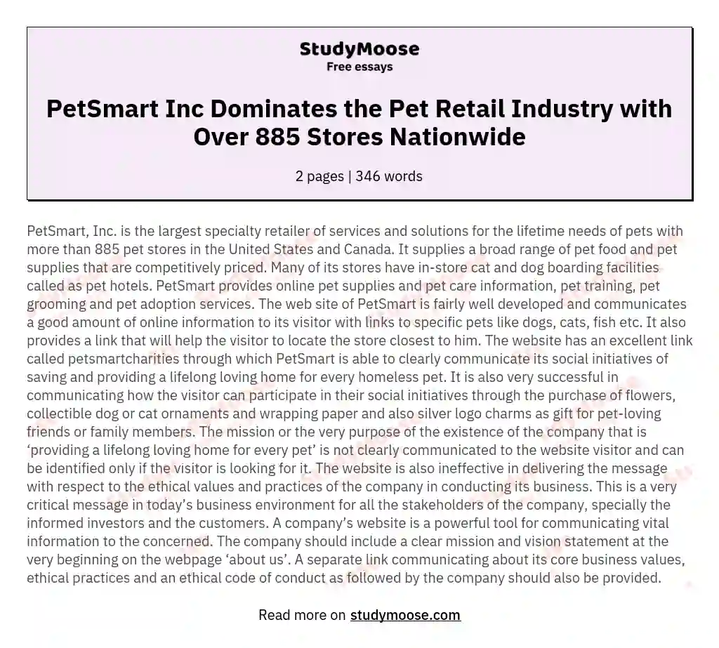 PetSmart Inc Dominates the Pet Retail Industry with Over 885 Stores Nationwide essay