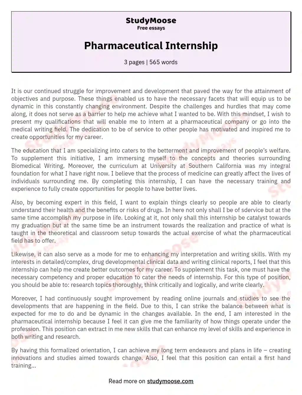 Pharmaceutical Internship essay