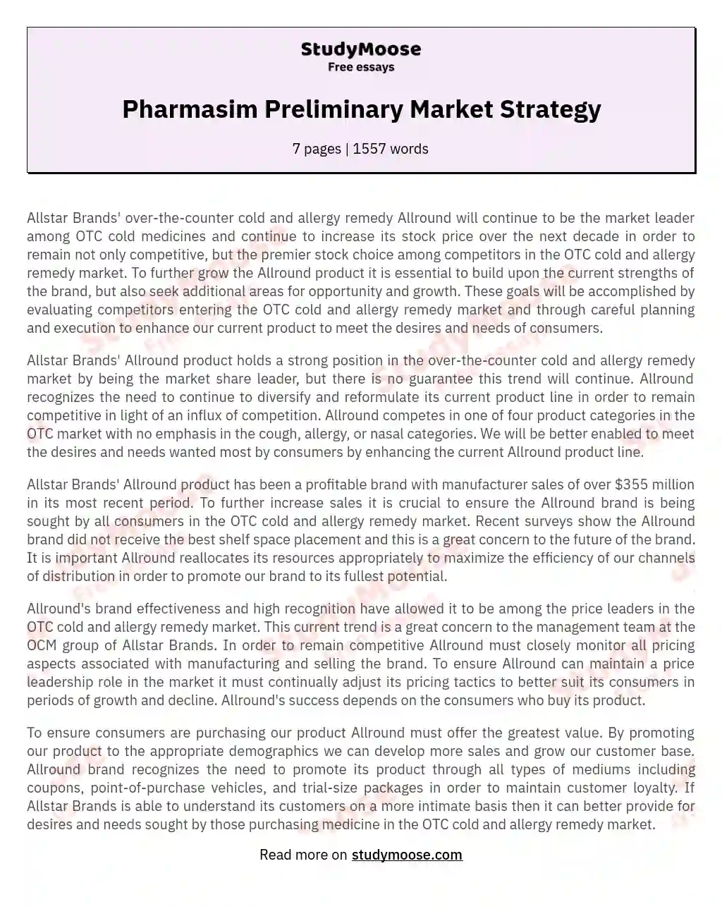 Pharmasim Preliminary Market Strategy essay
