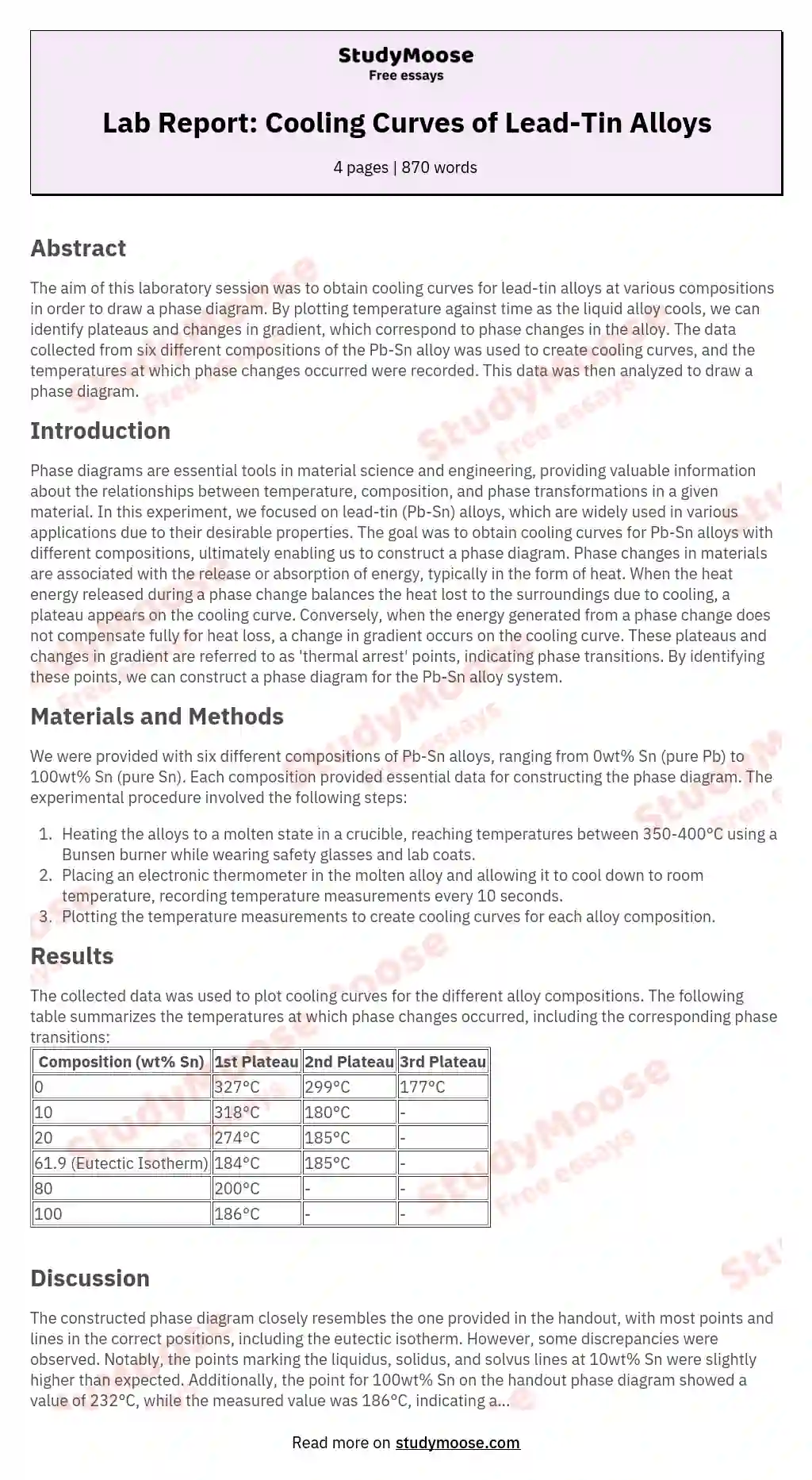 Lab Report: Cooling Curves of Lead-Tin Alloys essay