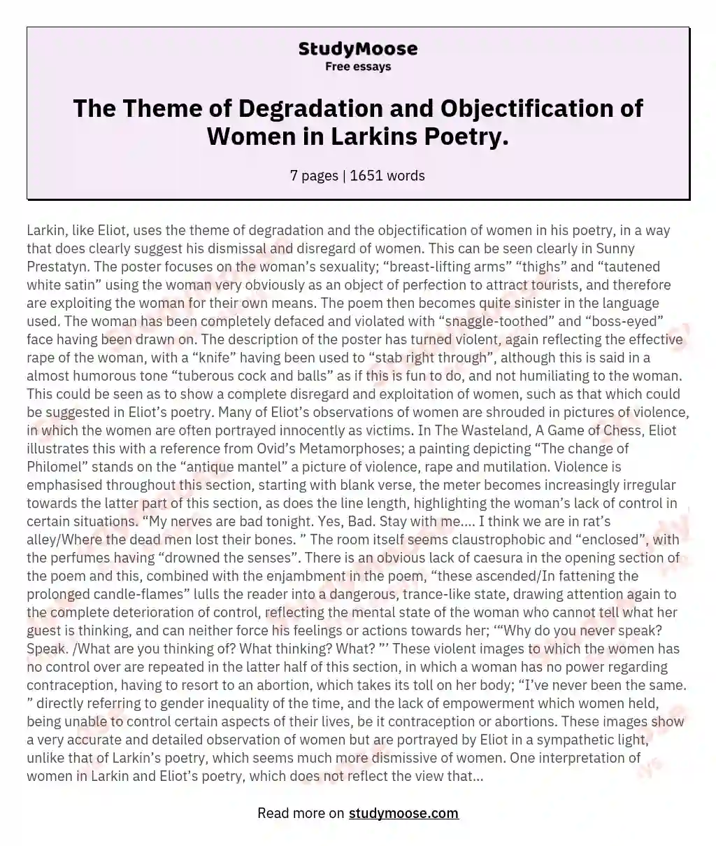 The Theme of Degradation and Objectification of Women in Larkins Poetry. essay