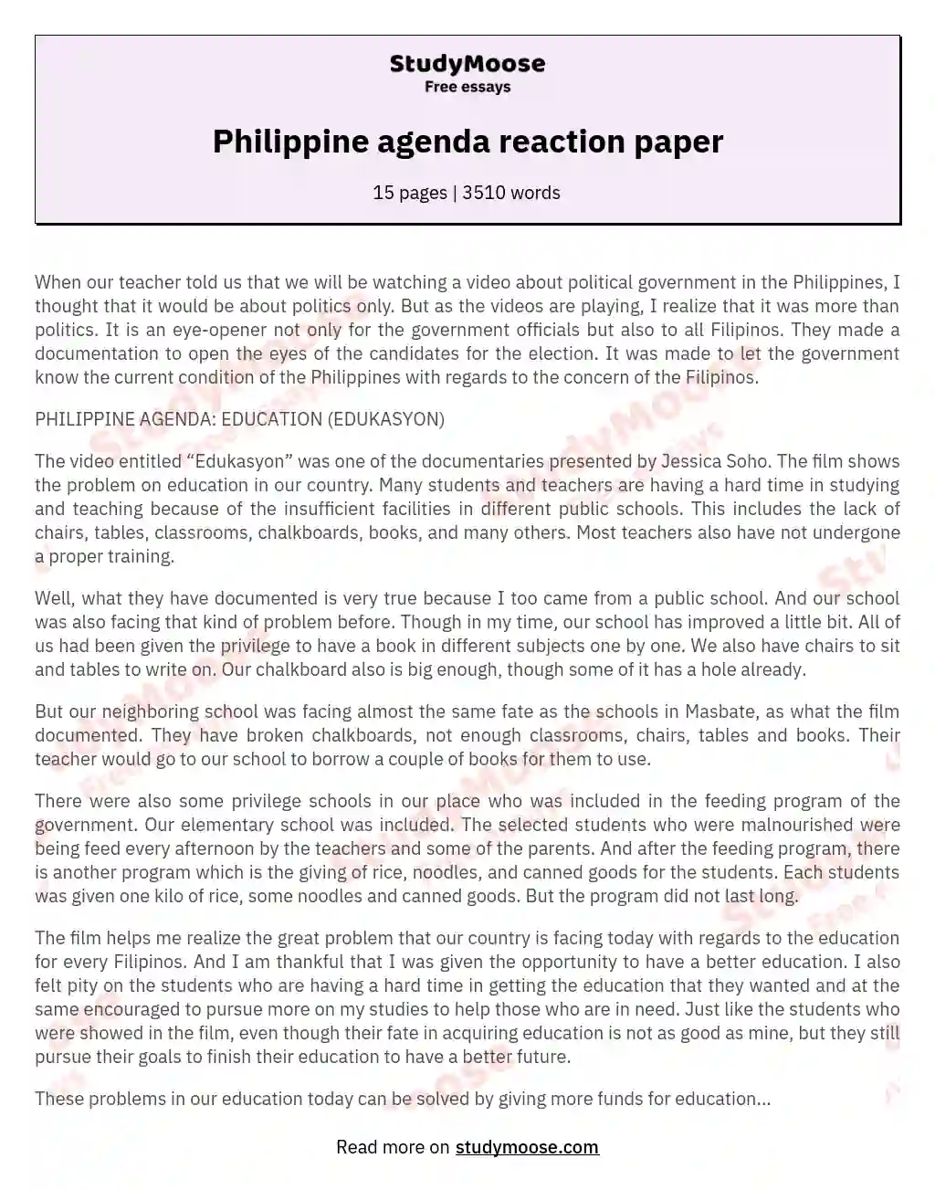 Philippine agenda reaction paper essay