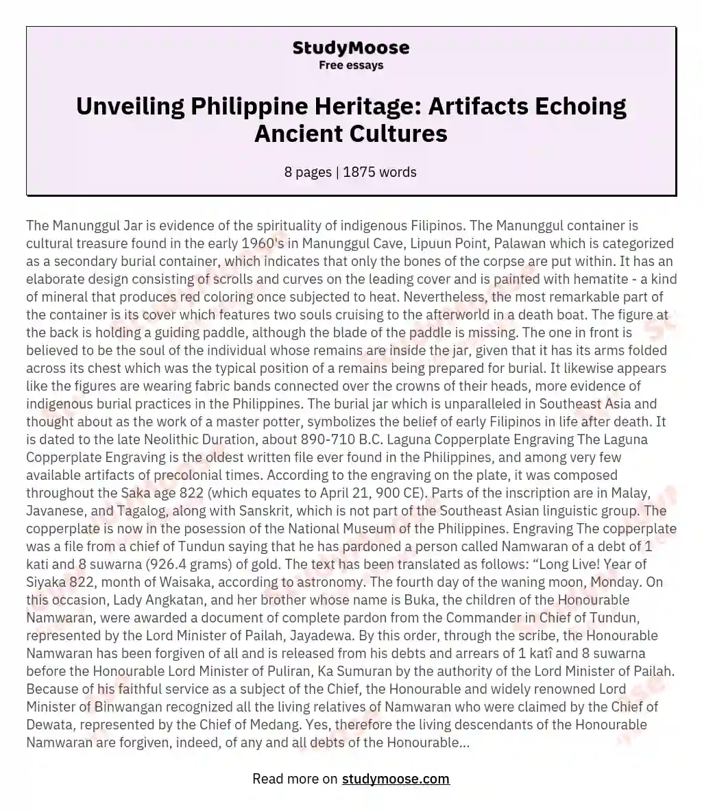 Unveiling Philippine Heritage: Artifacts Echoing Ancient Cultures essay