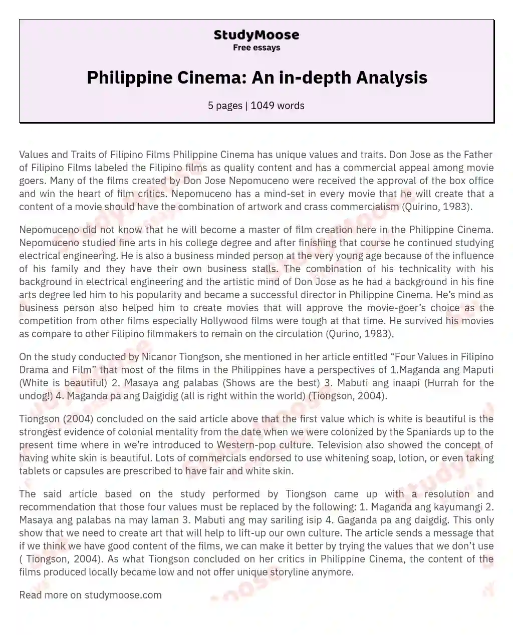 Philippine Cinema: An in-depth Analysis essay