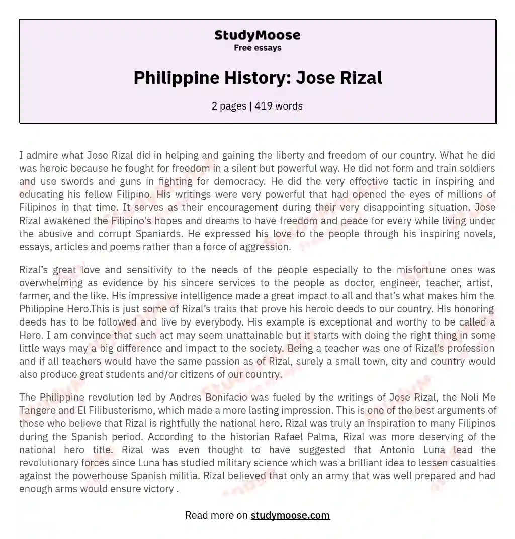 Philippine History: Jose Rizal essay