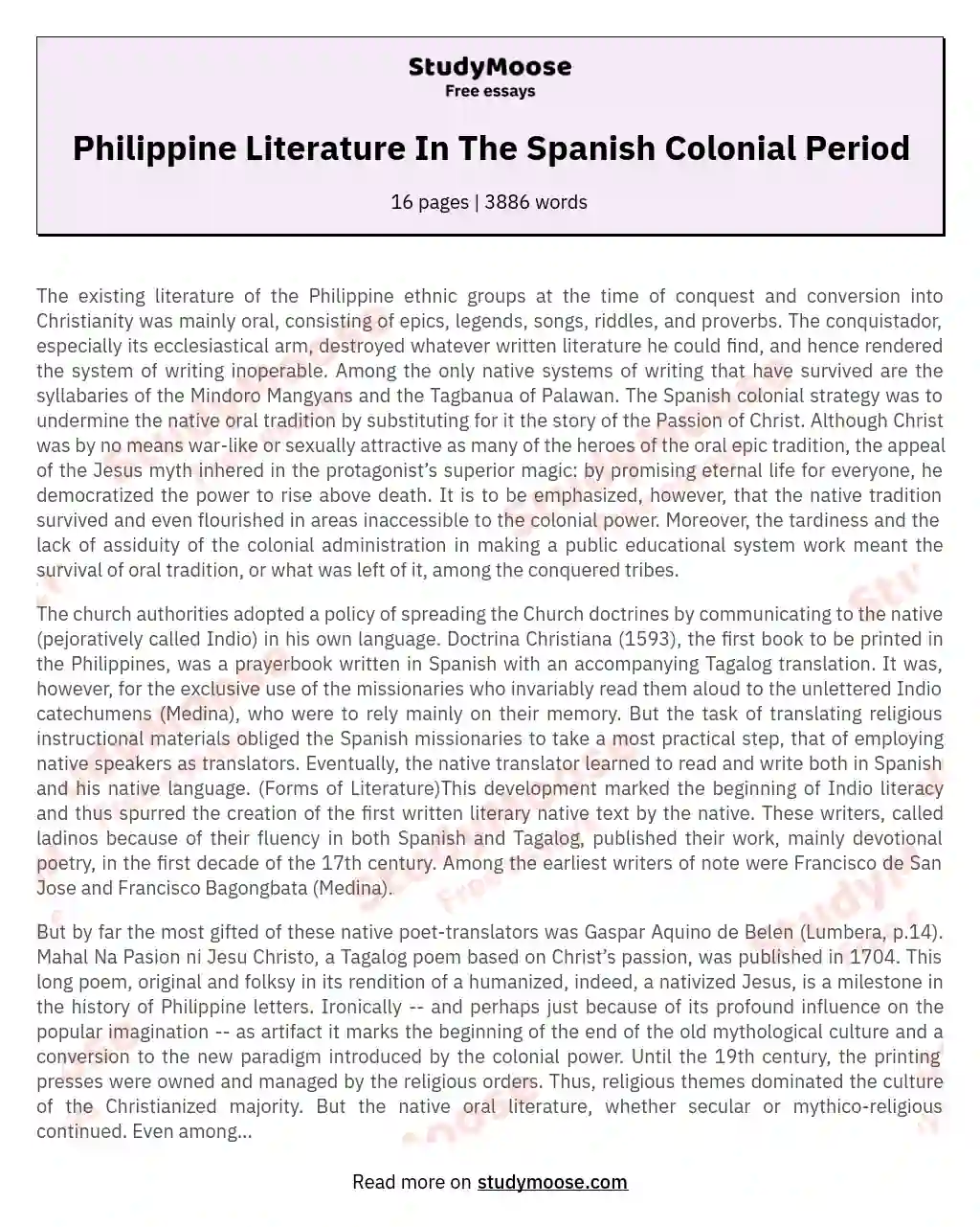 Philippine Literature In The Spanish Colonial Period essay