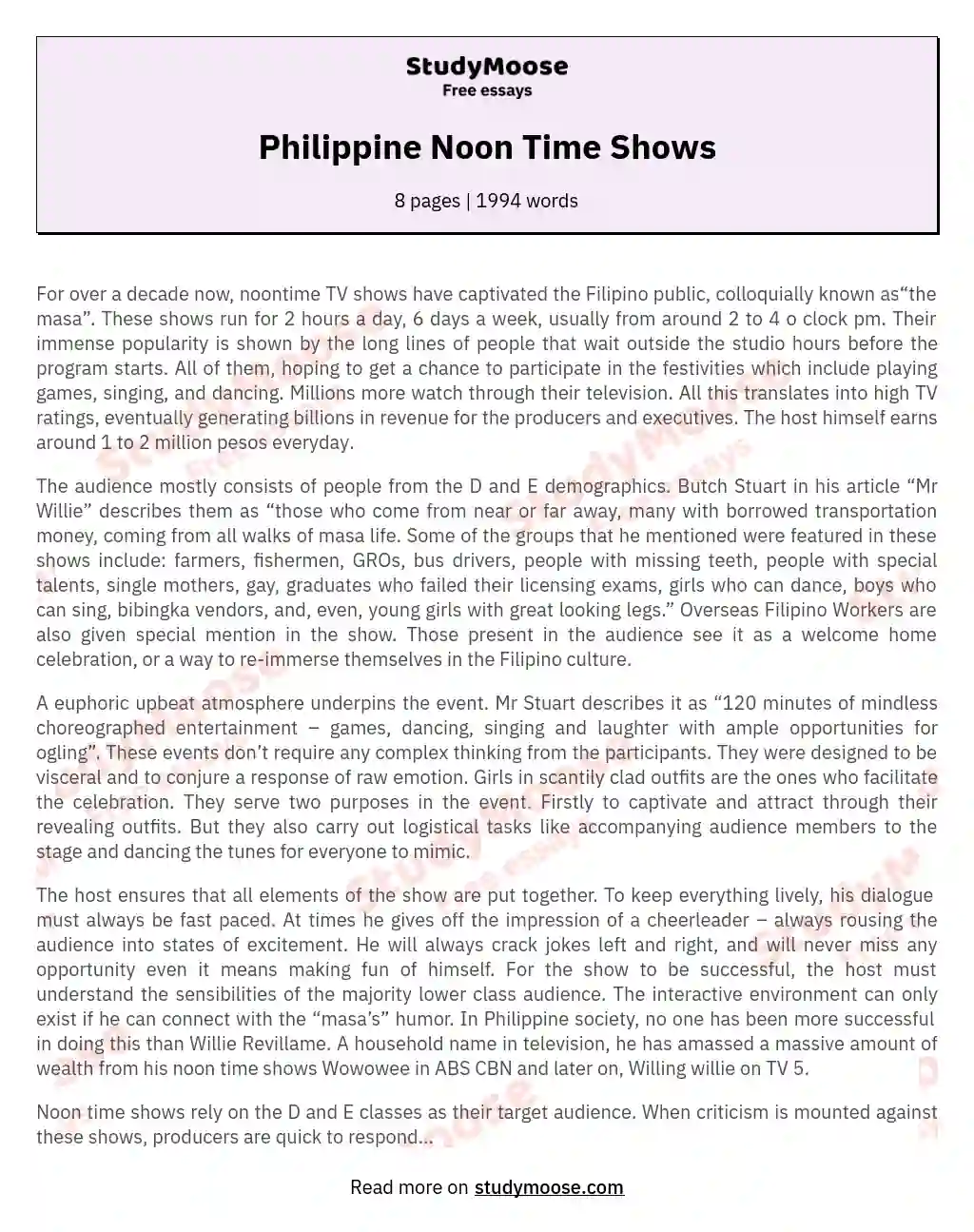 Philippine Noon Time Shows essay