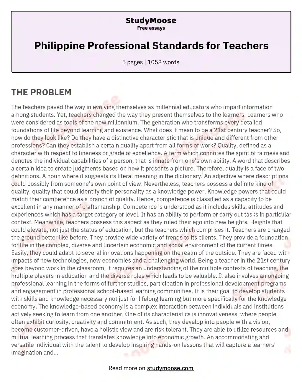 Philippine Professional Standards for Teachers essay