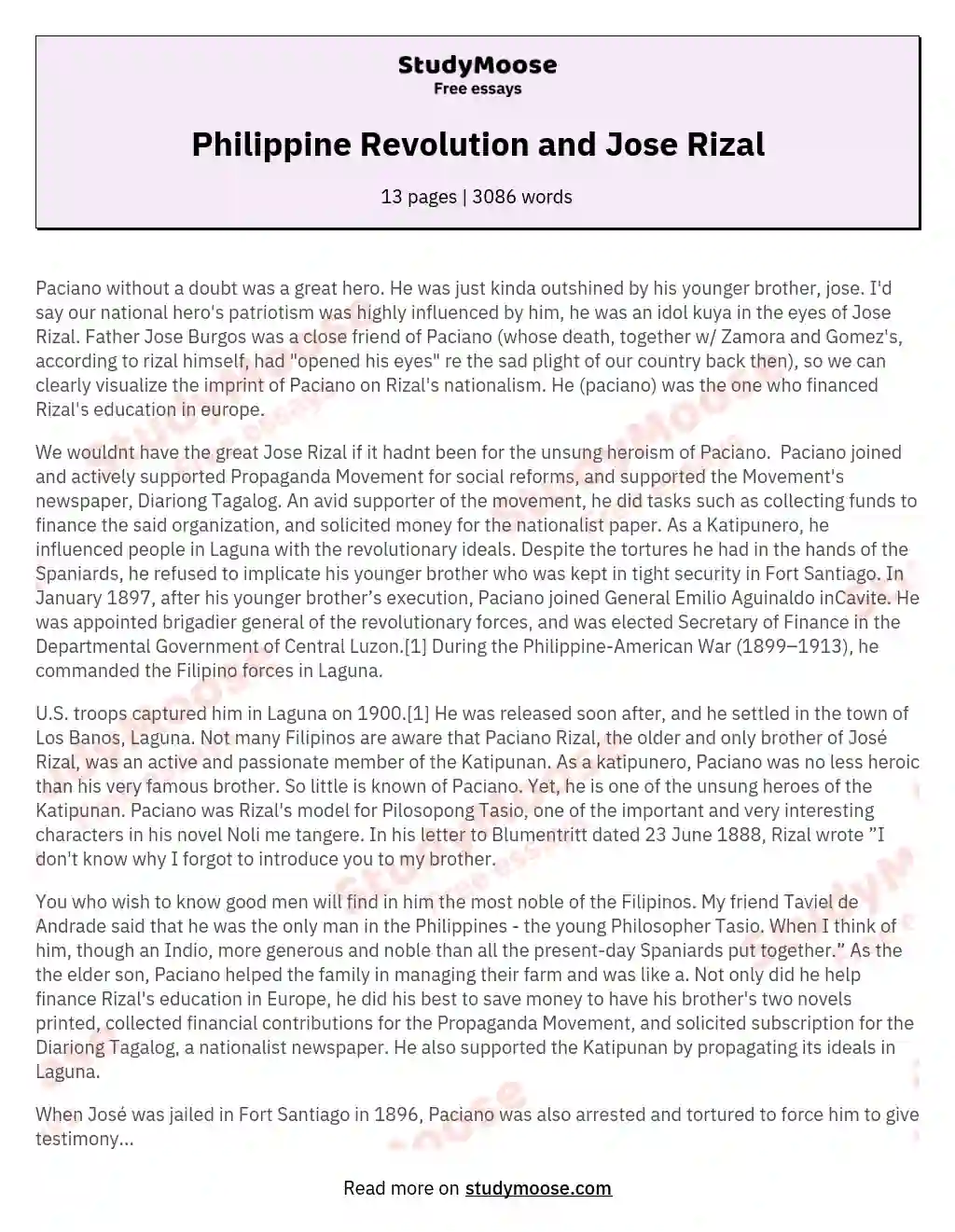 Philippine Revolution and Jose Rizal essay