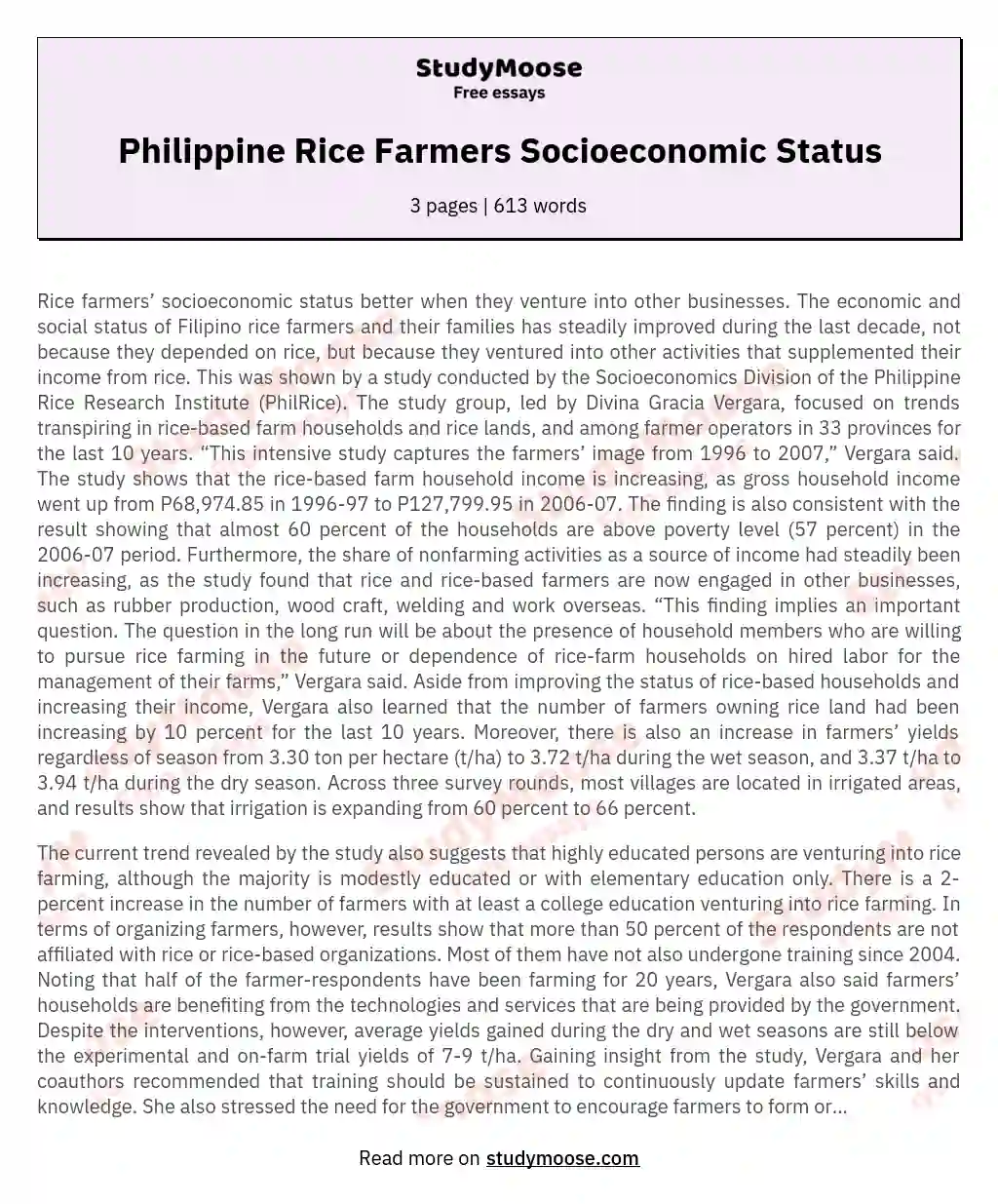 Philippine Rice Farmers Socioeconomic Status essay
