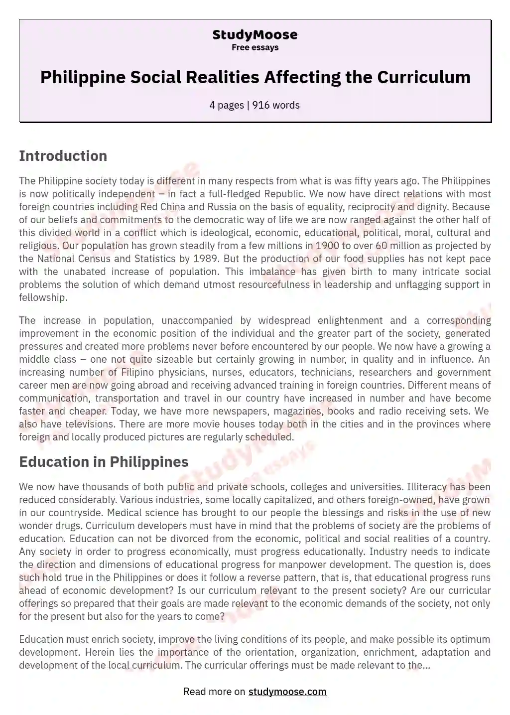 Philippine Social Realities Affecting the Curriculum essay