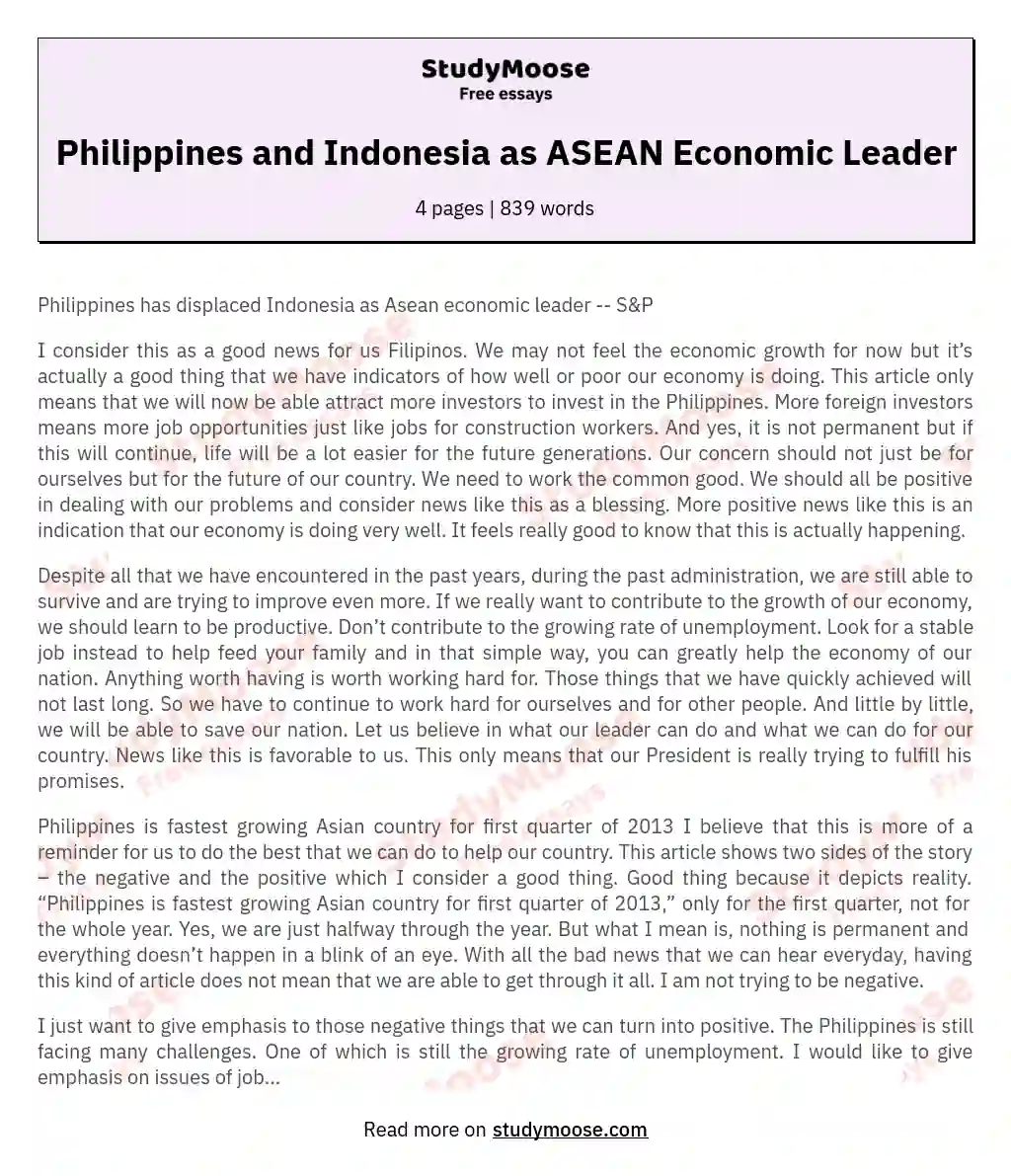 Philippines and Indonesia as ASEAN Economic Leader essay