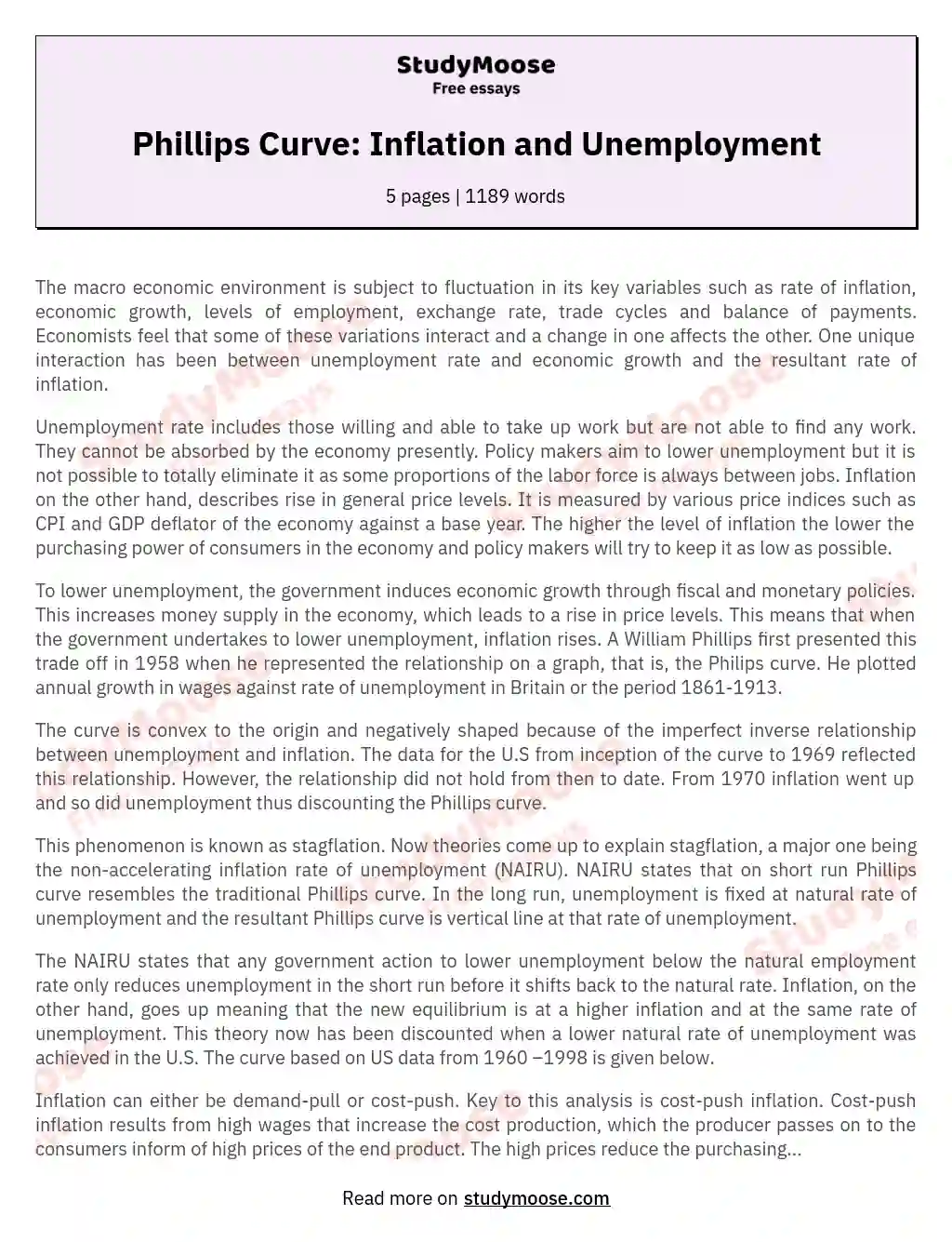 Phillips Curve: Inflation and Unemployment essay