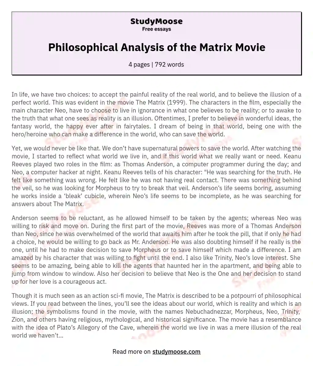 Philosophical Analysis of the Matrix Movie essay