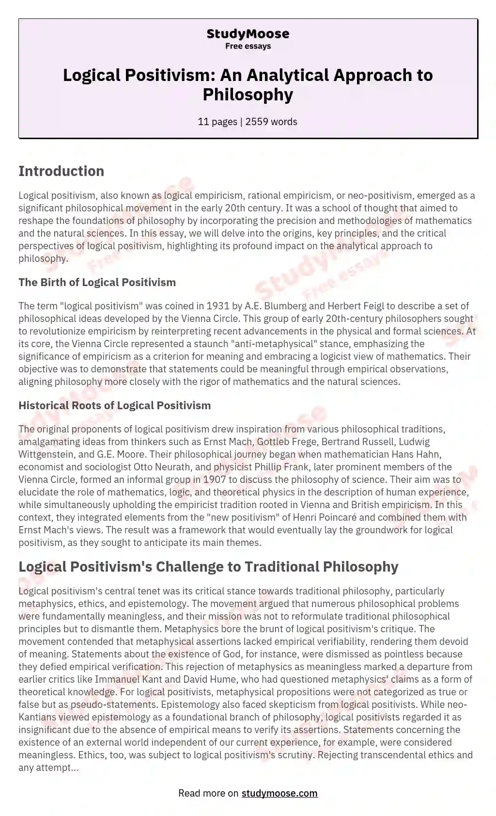 Logical Positivism: An Analytical Approach to Philosophy essay