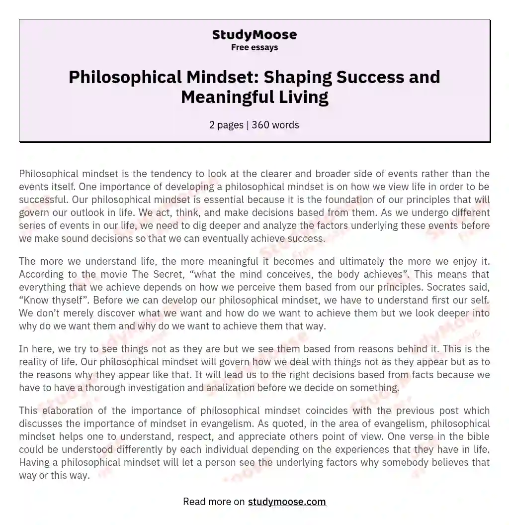 Philosophical Mindset: Shaping Success and Meaningful Living essay