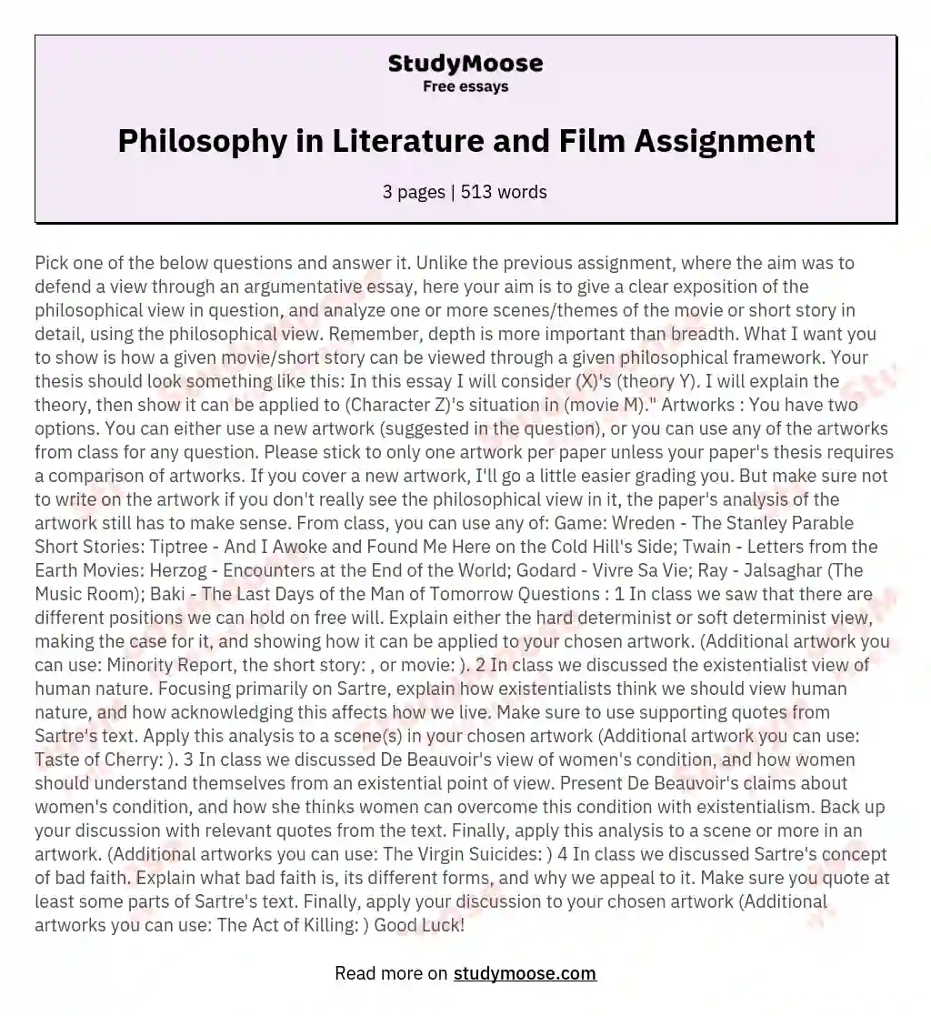 Philosophy in Literature and Film Assignment essay