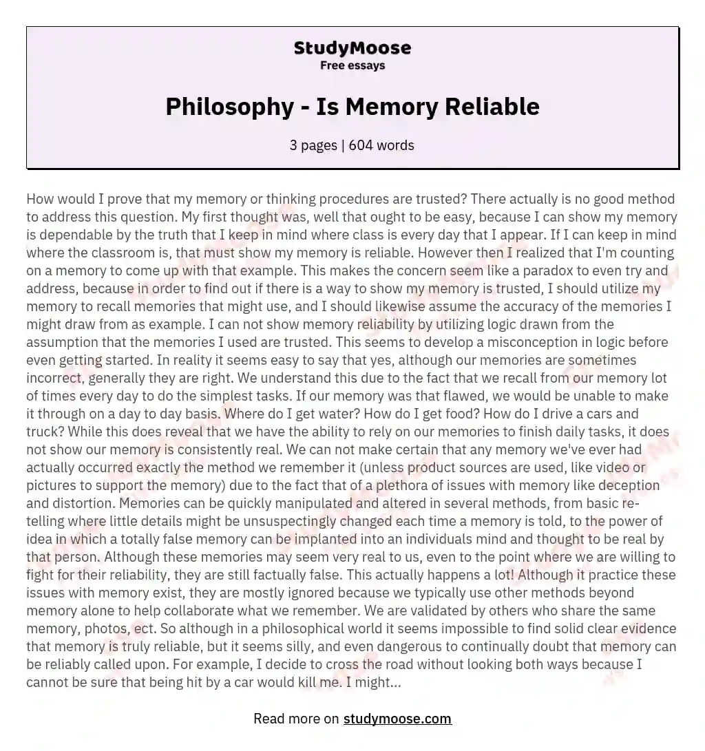 Philosophy - Is Memory Reliable essay