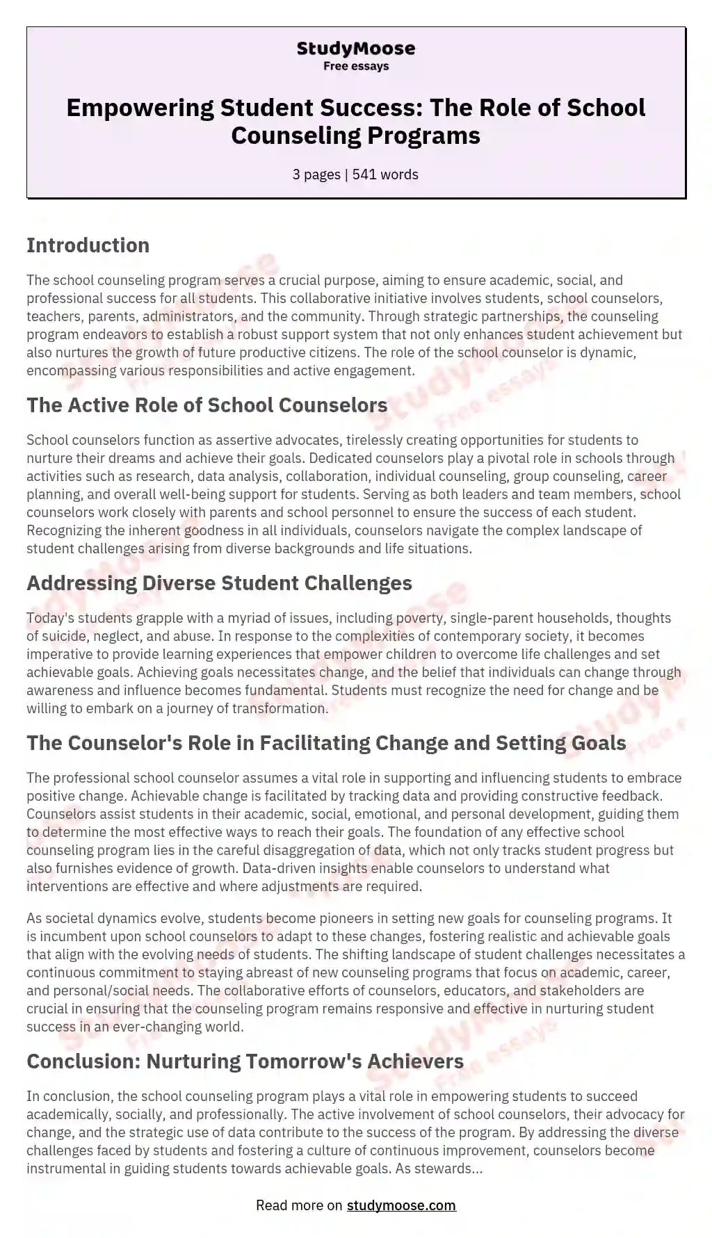 Empowering Student Success: The Role of School Counseling Programs essay