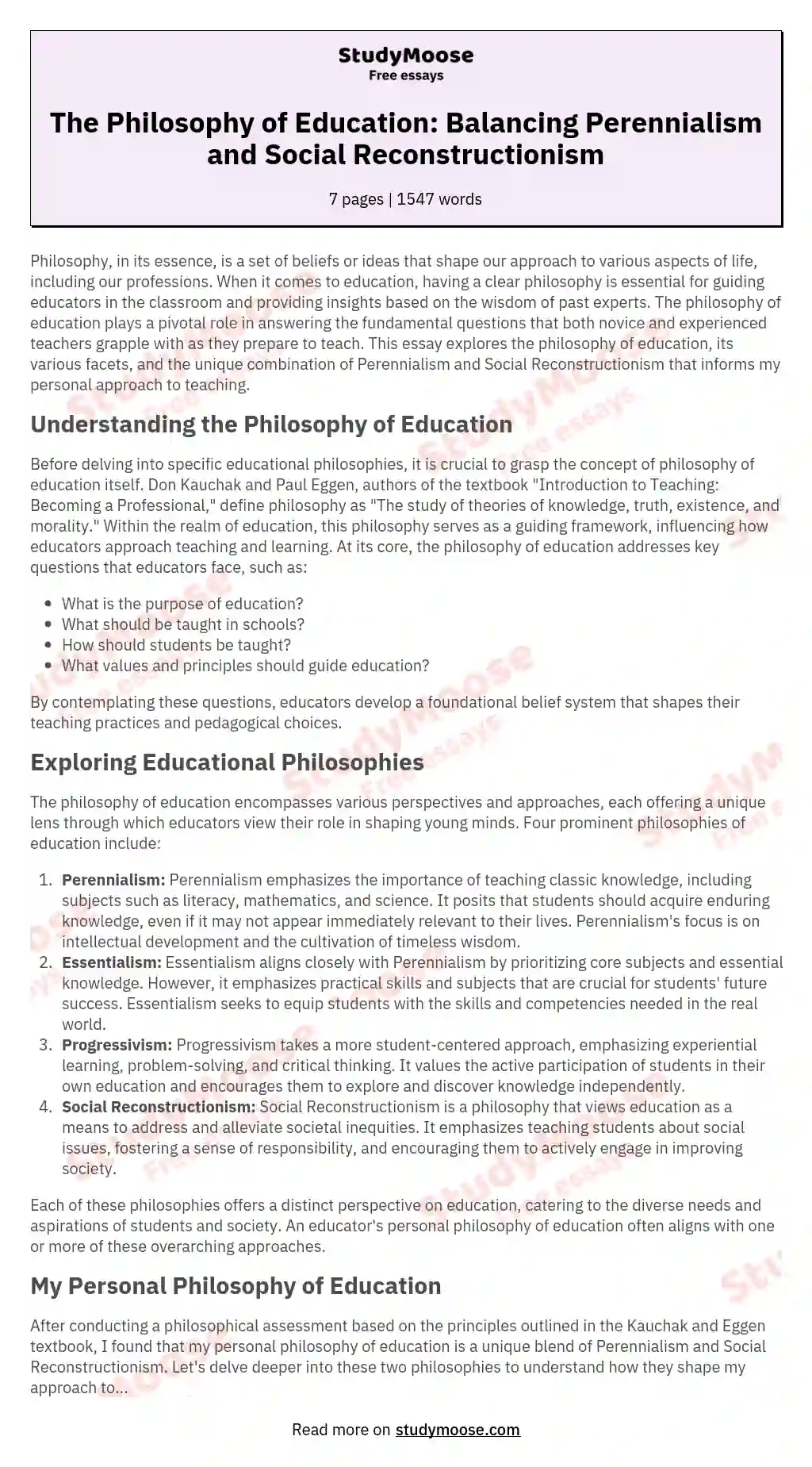 The Philosophy of Education: Balancing Perennialism and Social Reconstructionism essay