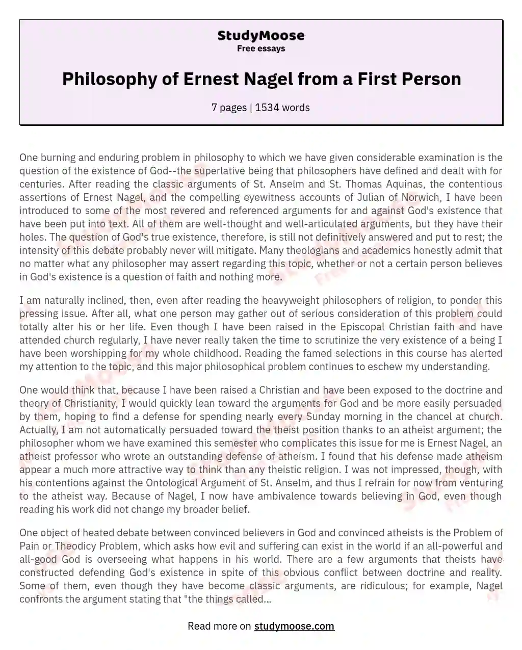 Philosophy of Ernest Nagel from a First Person essay