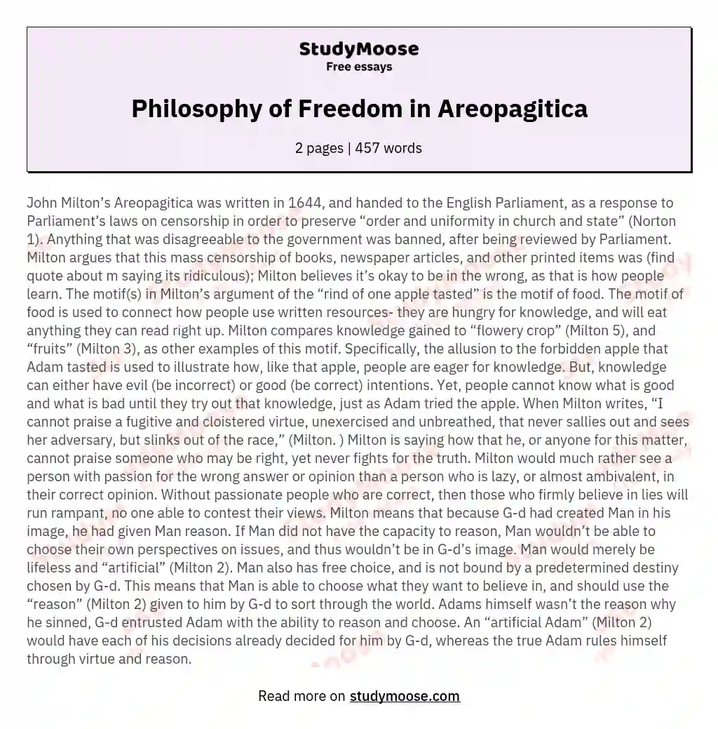 Philosophy of Freedom in Areopagitica essay