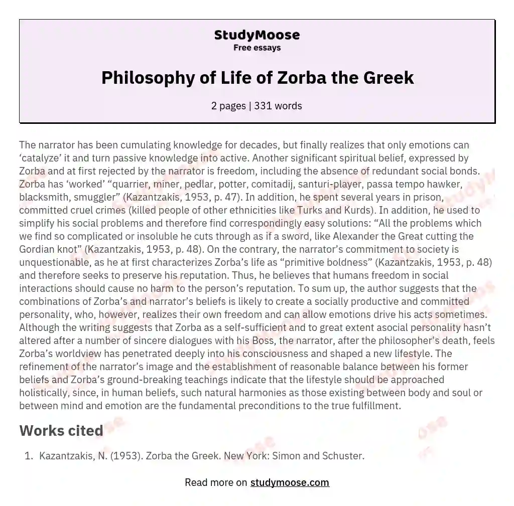 Philosophy of Life of Zorba the Greek essay