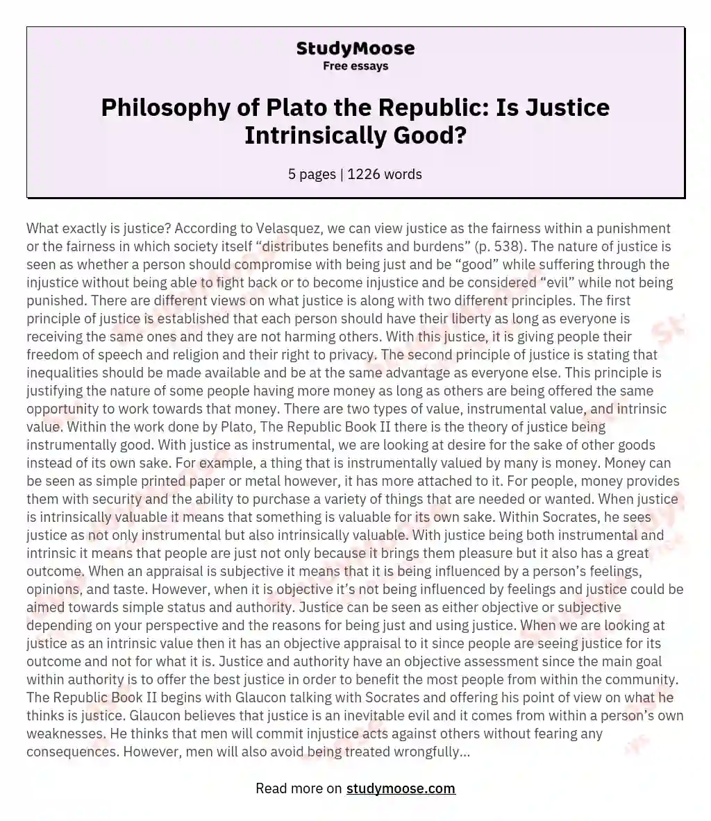 Philosophy of Plato the Republic: Is Justice Intrinsically Good? essay
